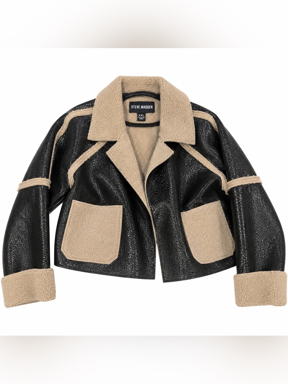 Steve Madden Black Faux Leather Jacket with Cream Sherpa Trim